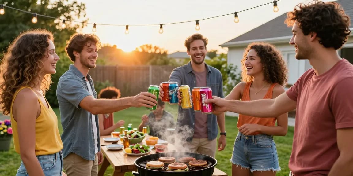 Friends toasting with hard soda cans at a summer barbecue gathering.