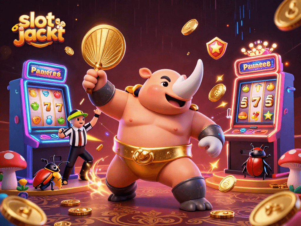 Engage with the thrill of a slot jackpot as a rhinoceros beetle champion stomps coins in a vibrant casino scene.
