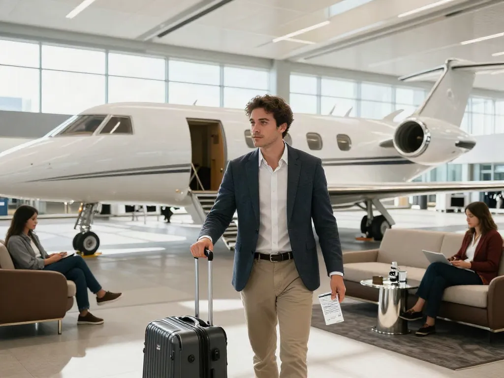 Flight charter Ontario service at modern airport terminal with traveler boarding a private jet.