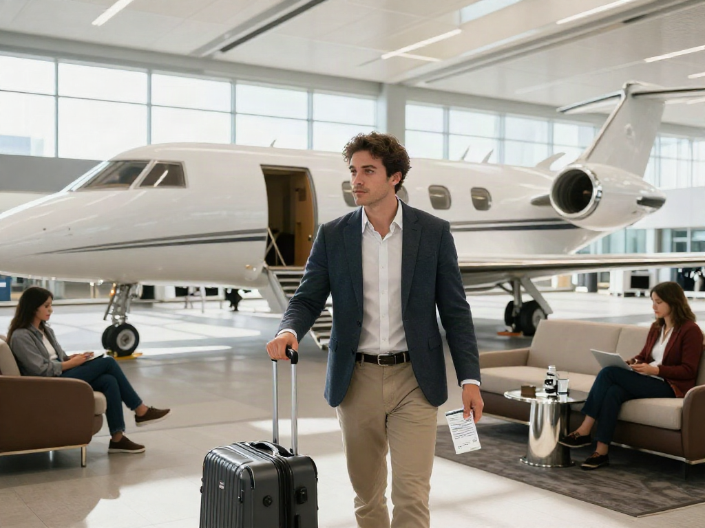Flight charter Ontario service at modern airport terminal with traveler boarding a private jet.