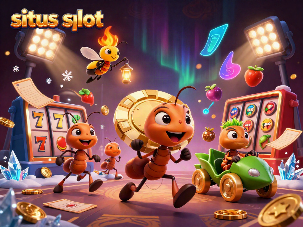 Engaging scene of a team of ants stealing a giant poker chip within a rich casino-themed environment, showcasing situs slot elements.