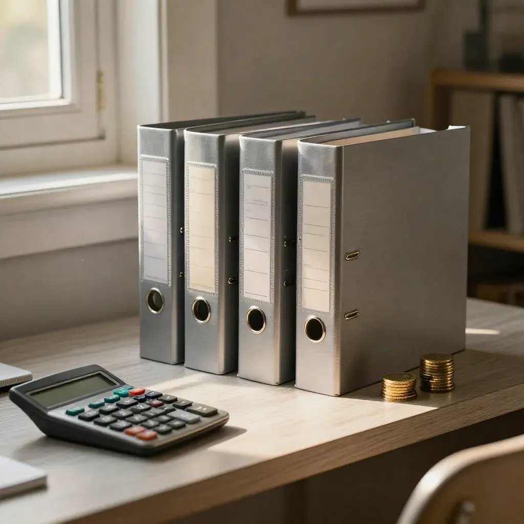 Pewter ETF binders, calculator and coin stacks on pale wood in warm window light.