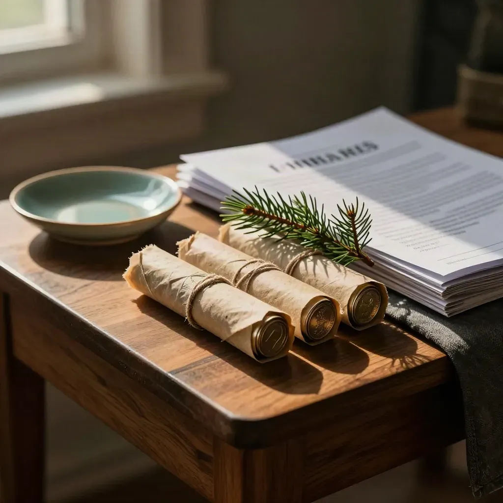 Coin rolls, evergreen sprig, and a closed brokerage packet on a warm walnut side table.