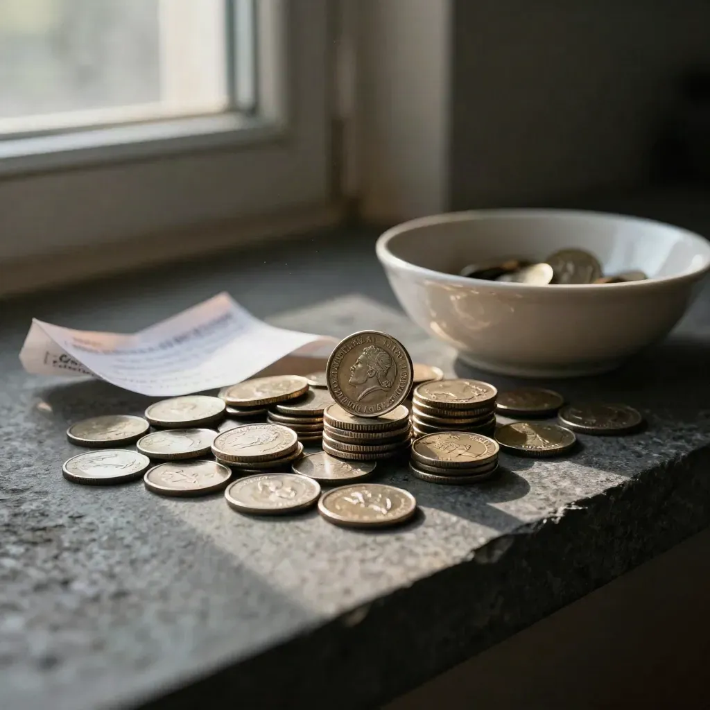Coins, a curled receipt strip, and a ceramic bowl on a stone ledge, lit low and moody.