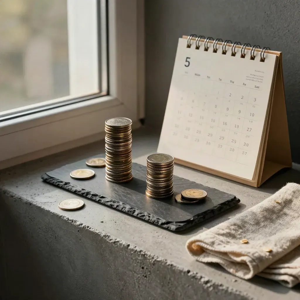 Unequal coin stacks beside a slate paperweight and turned-away wall calendar on a concrete ledge.