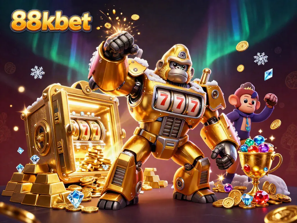 Experience the excitement of 88kbet's dynamic gaming universe with a golden mech and treasures.