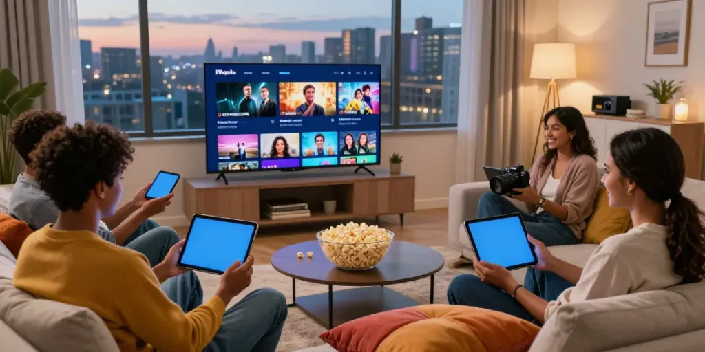 Friends enjoying movie night with Filmyzilla app on smartphones in a cozy living room.