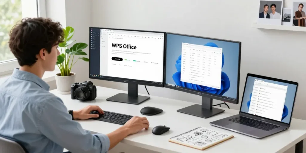 Seamless WPS Download setup at a modern tech workspace with dual monitors and productivity tools.