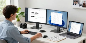 Seamless WPS Download setup at a modern tech workspace with dual monitors and productivity tools.