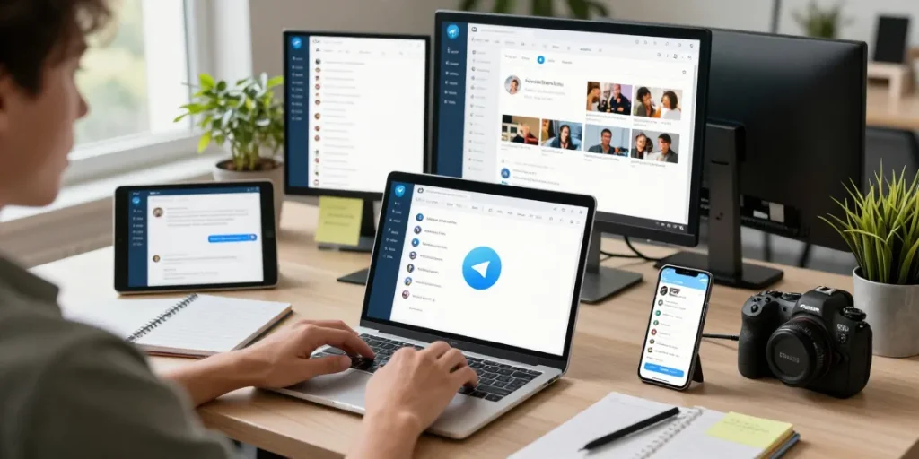Using the Telegram Web Version on a sleek laptop in a modern workspace.