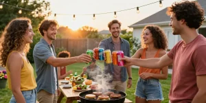 Friends toasting with hard soda cans at a summer barbecue gathering.