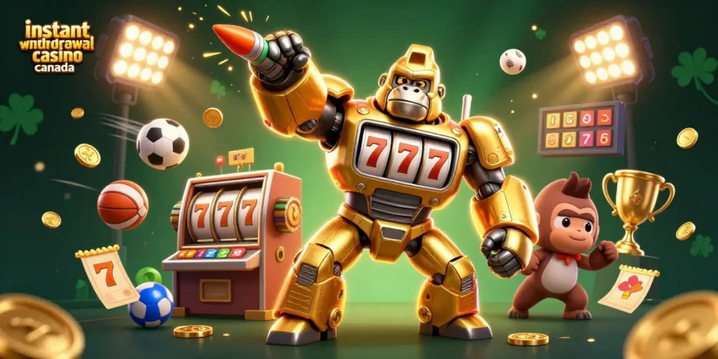 Experience the thrill at an instant withdrawal casino Canada, featuring a 3D golden gorilla mech and dynamic casino elements.